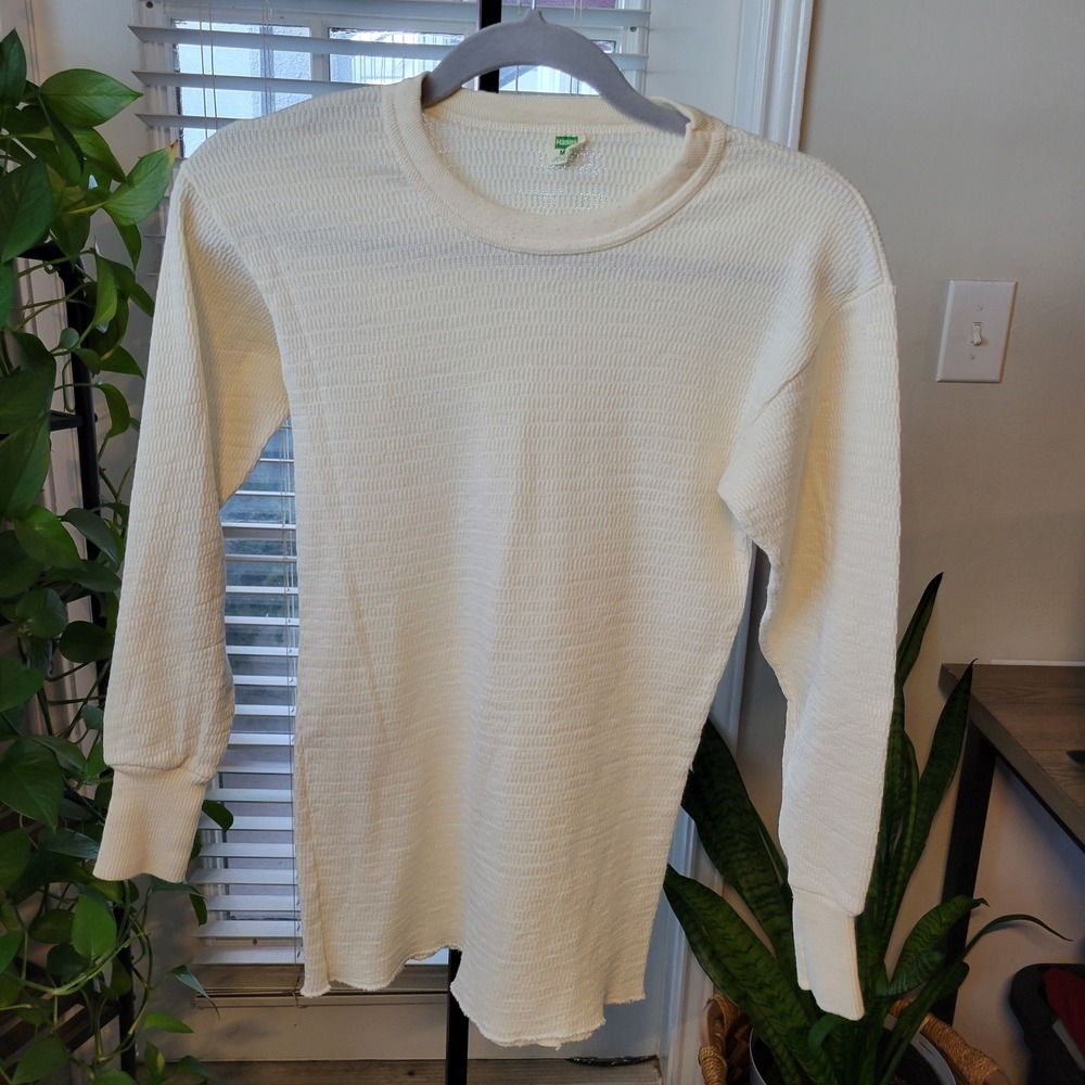 VTG 70s Hanes Thermal Shirt Mens Medium Cream Waffle Knit Long Sleeve Base Layer